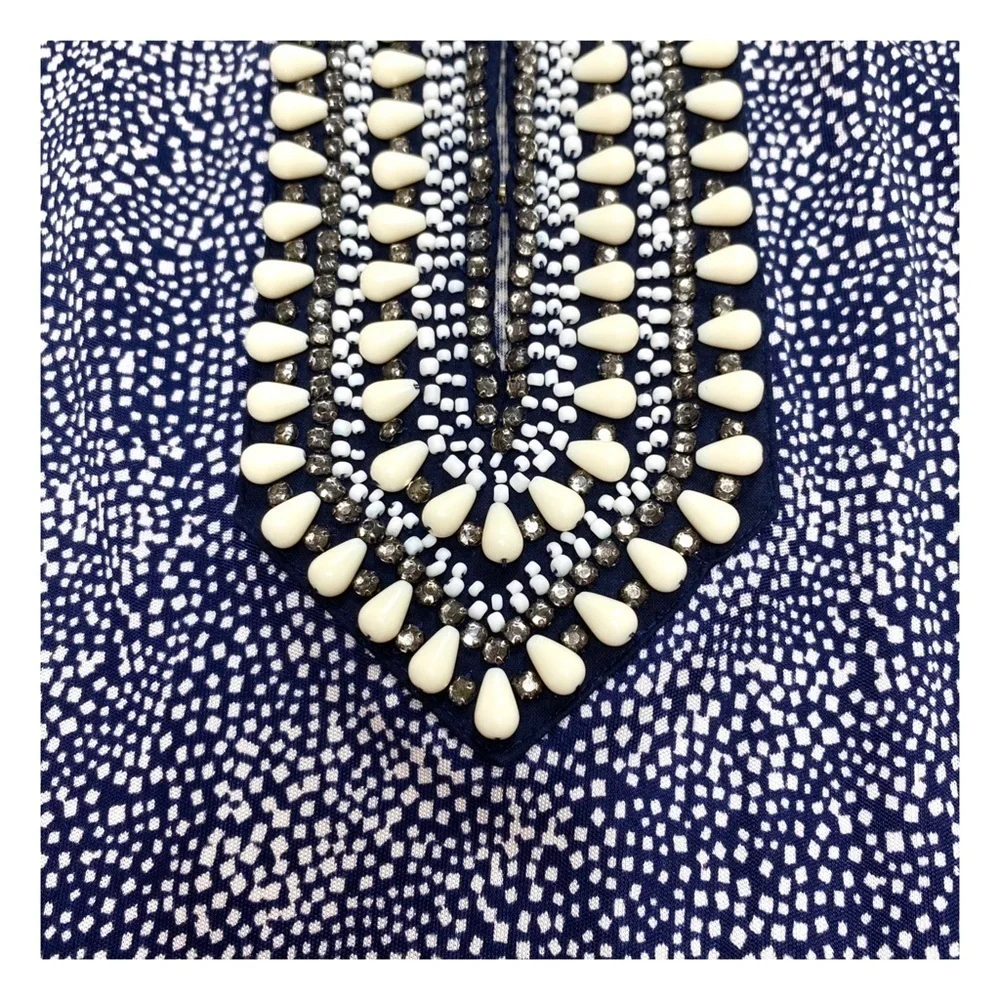 TORY Burch Silk Beaded Neck Dots Print Tunic Top in Blue Size S